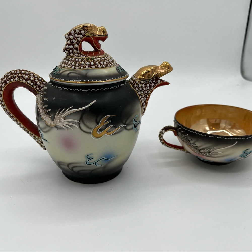 Elegant Hand Painted Made in Japan Dragon Design Teapot and Cup Set
